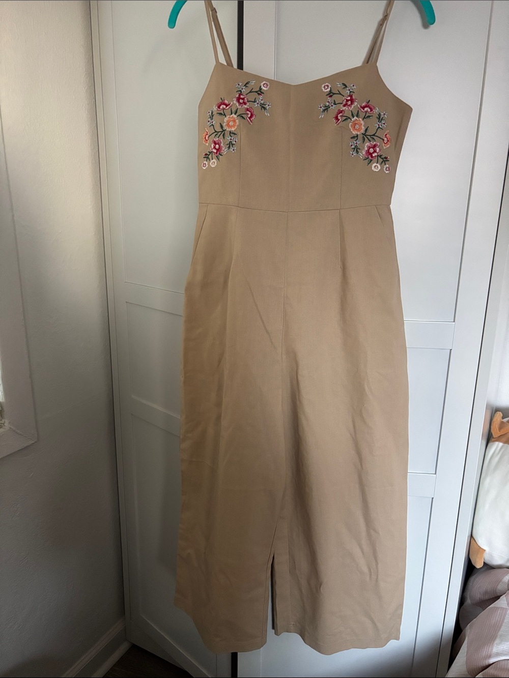 The Vintage Shop Tan Spaghetti-Strap Jumpsuit with Floral Embroidery